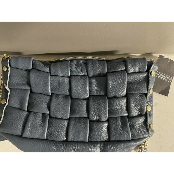 Valentina Fiore Woven LEATHER BLUE Handbag Gold Chain Leather Strap ITALY NWT - Picture 8 of 12